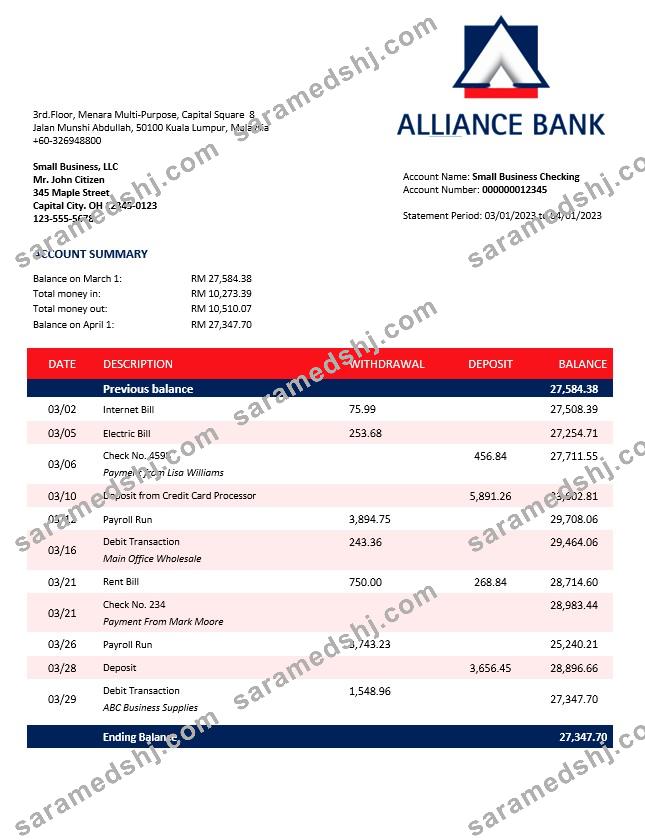Alliance Bank enterprise account statement Word and PDF template